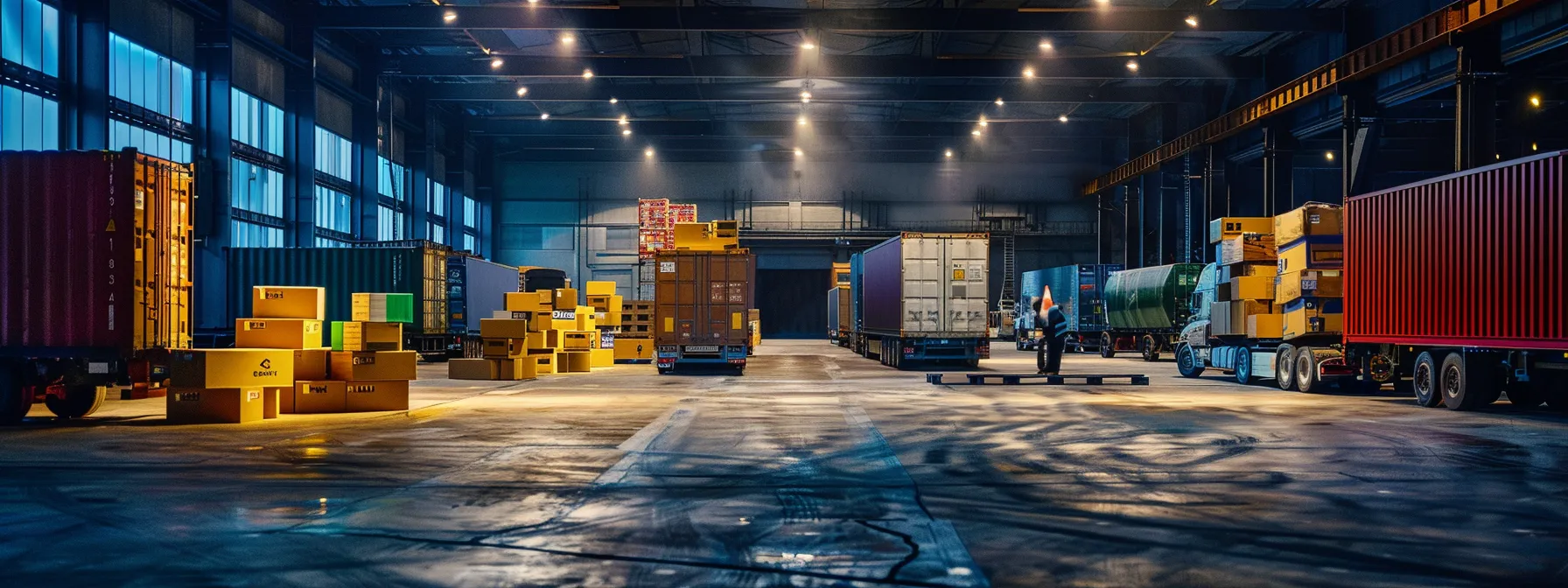 a bustling urban moving company operates in a modern industrial warehouse, showcasing large trucks being loaded with colorful stacked boxes and furniture, illuminated by bright overhead lights.