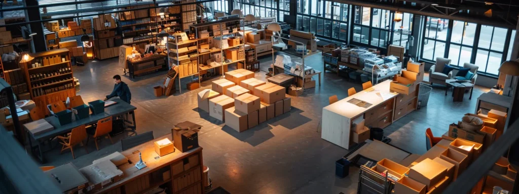 a bustling urban moving company office is illuminated by bright overhead lights, showcasing professional movers efficiently packing and organizing belongings in a modern, spacious environment filled with boxes and moving supplies, conveying trust and expertise in their seamless service.