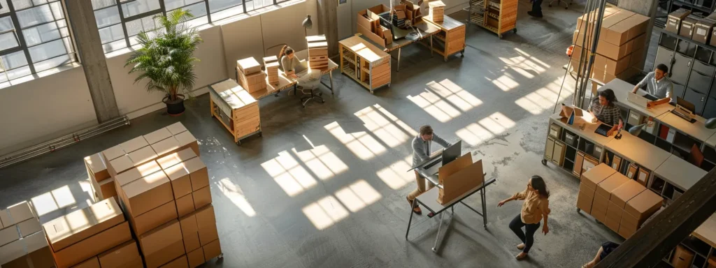 a bustling urban office environment showcases a professional team from next door movers efficiently coordinating a residential relocation, surrounded by neatly packed boxes and logistics equipment, emphasizing their commitment to seamless moving services.