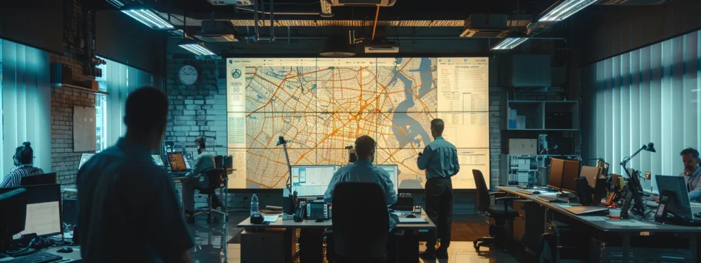 a bustling urban office environment showcases a professional team from next door movers strategically planning logistics on a large digital map, illuminated by bright overhead lights to highlight their expertise in local routes and building access in ocean township.