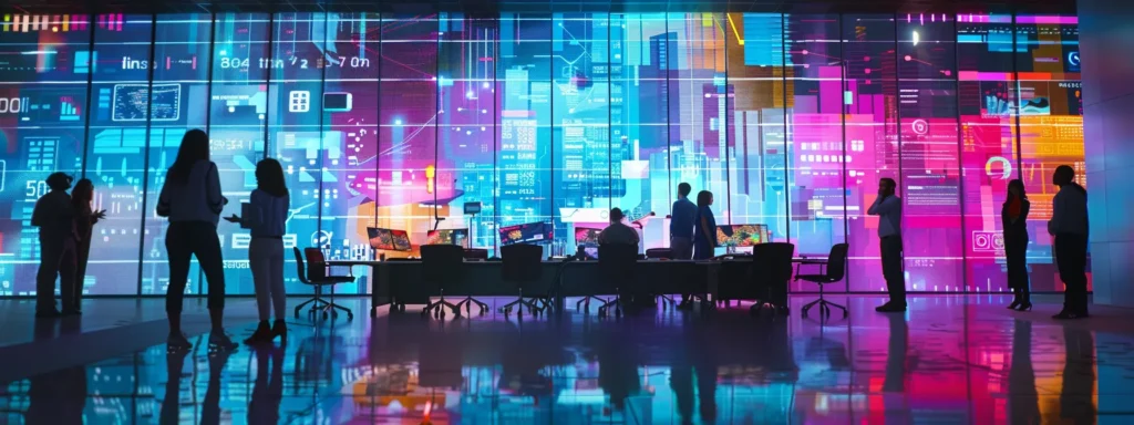 a dynamic office scene shows a diverse team gathered around a sleek conference table, brainstorming on a large digital content calendar projected on the wall, filled with vibrant graphics and strategic keywords related to moving services in new jersey.