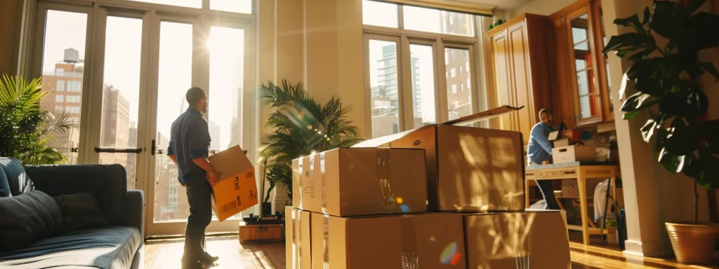 a dynamic urban moving day scene captures professional movers carefully maneuvering furniture and boxes out of a well-lit marlboro apartment, showcasing process efficiency with a focus on meticulous care for the surroundings and the organized flow of relocation activities.