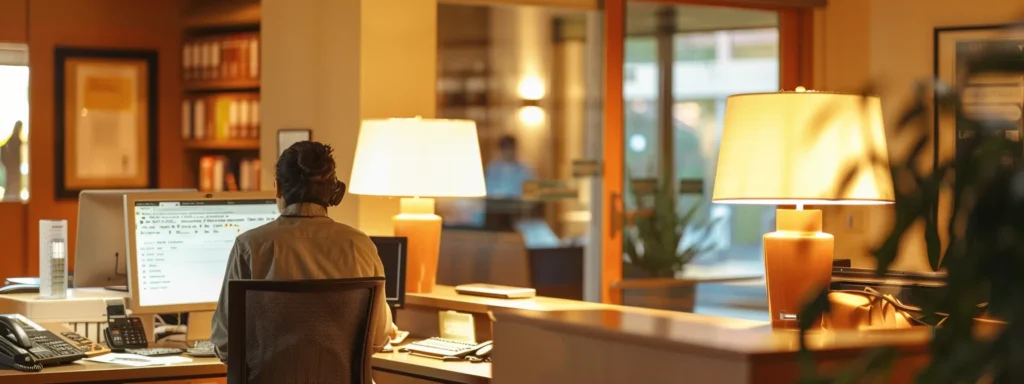 a focused office setting with a person thoughtfully analyzing a glowing computer screen displaying vibrant reviews of moving companies, illuminated by the soft glow of desk lamps, conveying a sense of decisiveness and authority in choosing relocation experts.
