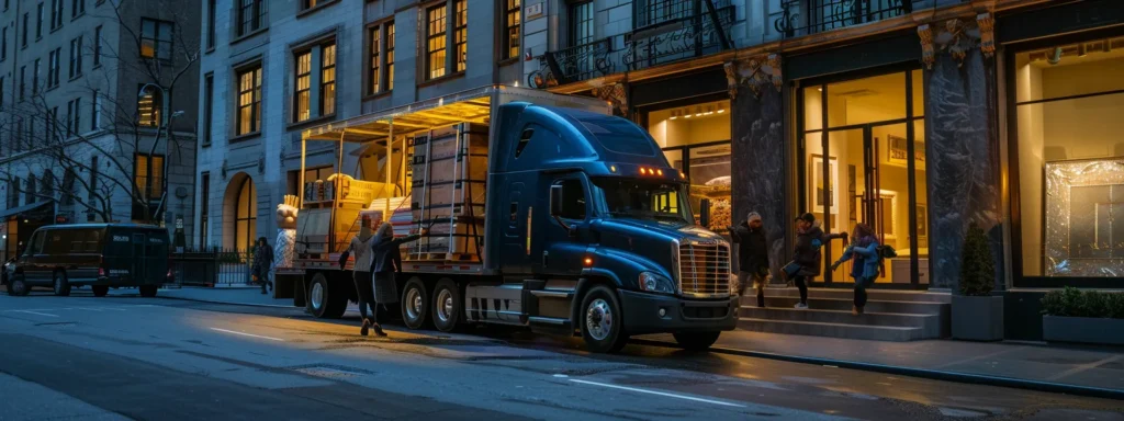 a luxurious moving truck parked outside a high-end new york apartment building, showcasing expertly wrapped fine art and delicate antiques being carefully loaded, with a professional team in tailored uniforms poised to ensure a flawless relocation experience.