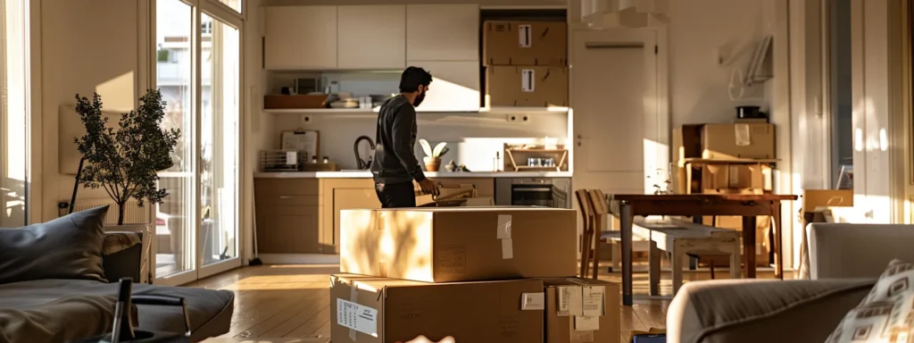 a meticulously organized urban apartment with professional movers carefully packing and cataloging high-end furniture and delicate items, showcasing a seamless white glove moving service in action.