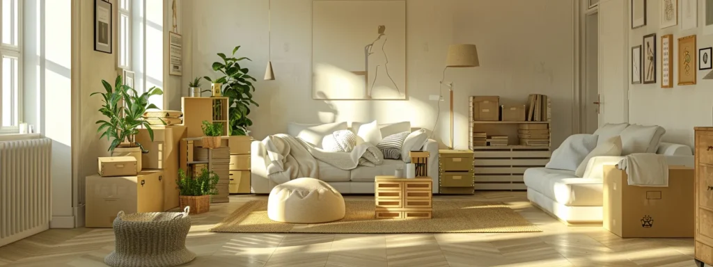 a meticulously organized urban apartment showcases white glove movers expertly handling valuable possessions with precision, surrounded by custom crates and packing materials in a sleek, modern setting, highlighting the premium relocation services offered in the tri-state area.