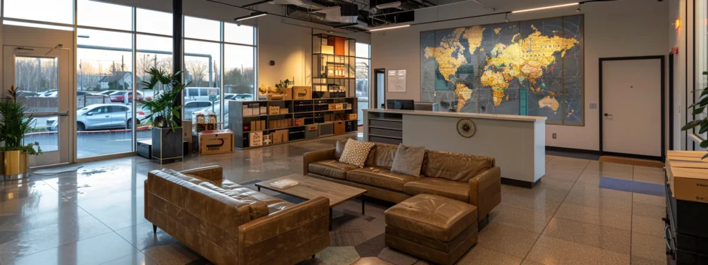 a modern, bustling moving company office in marlboro, featuring a sleek reception area with an oversized map highlighting local routes, surrounded by organized packing materials and containers, capturing the essence of efficient logistics and customer service.