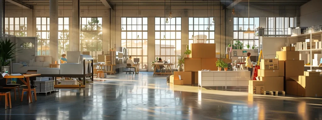 a modern office space bustling with professional movers carefully arranging large furniture pieces and packing boxes, showcasing efficiency and organization in the process of relocation.
