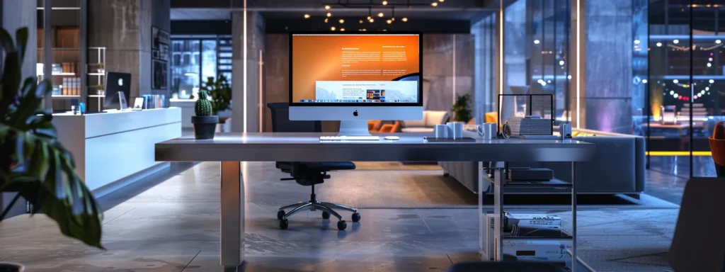 a modern office workspace showcases a sleek computer screen displaying a well-structured website with highlighted keywords, surrounded by vibrant digital graphics representing various service areas, all under dynamic, focused lighting that emphasizes the theme of strategic online optimization.
