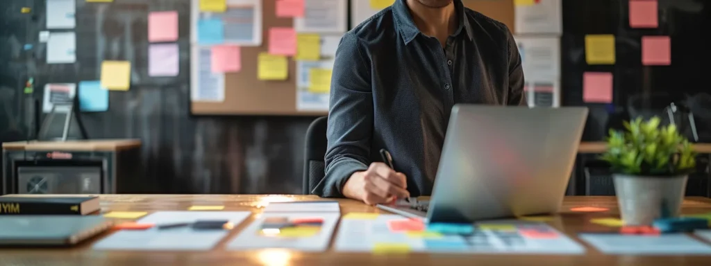 a modern, well-organized office space with a sleek desk featuring a laptop and notepad, surrounded by pinned lists and flyers of local moving companies, conveys the process of researching reliable movers in an urban setting.