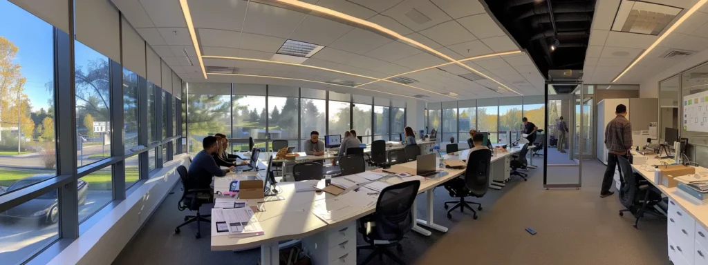 a modern, well-organized office space showcases a focused team of relocation experts gathered around a sleek conference table, analyzing a detailed moving plan and discussing logistics, highlighting the meticulous preparation for an efficient move in ocean township.