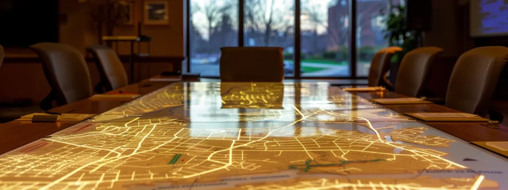 a polished conference room with a modern table set for a meeting, showcasing a detailed map of marlboro, nj, along with visual aids highlighting various moving strategies and logistical plans for efficient relocations.