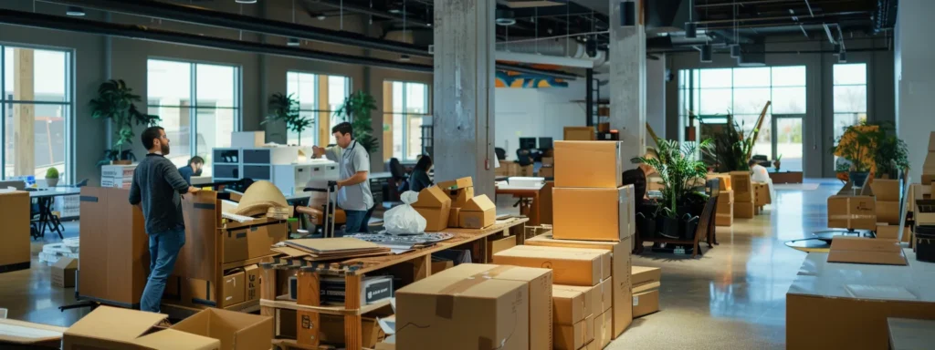 a professional, modern office setting with movers carefully packing fragile items and disassembling furniture, conveying a sense of organized efficiency and teamwork to ensure a smooth relocation process in ocean township.