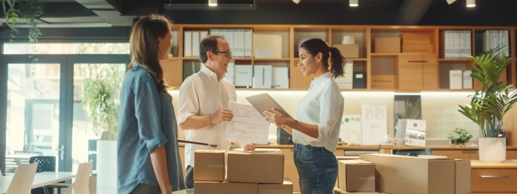 a professional moving team efficiently orchestrates a meticulously organized relocation within a modern office setting, showcasing clearly labeled boxes, a digital checklist on a tablet, and a client observing the seamless packing and loading process.