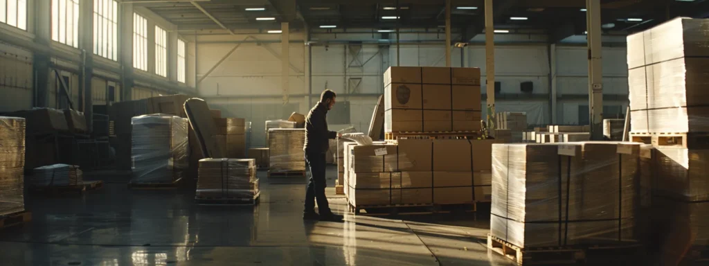 a professional moving team meticulously secures fragile items in a well-organized, modern warehouse, showcasing the precision and care involved in safe transportation.
