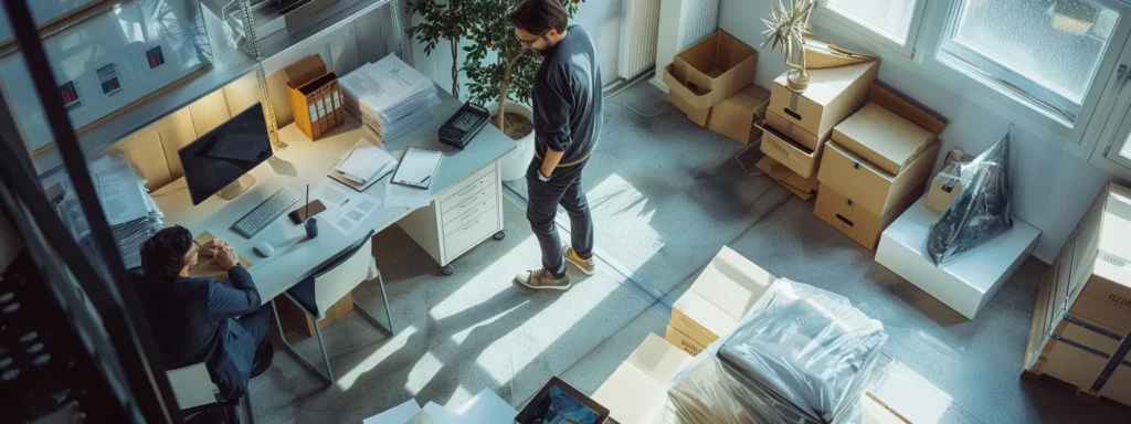 a professional office setting showcases a team of moving experts collaboratively discussing a seamless white glove moving and storage process, surrounded by neatly organized packing materials and logistics charts highlighting each step of the transition.