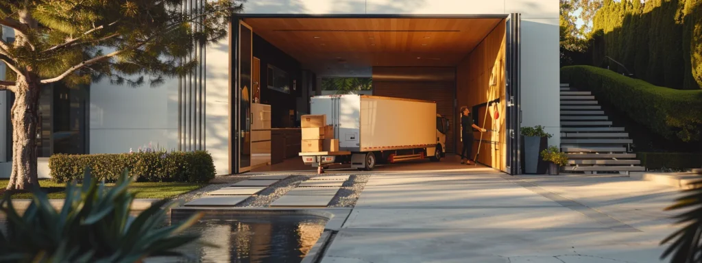 a sleek and organized moving truck parked outside a modern suburban home, showcasing professional movers efficiently loading neatly packed boxes, encapsulating the seamless experience of stress-free relocation.