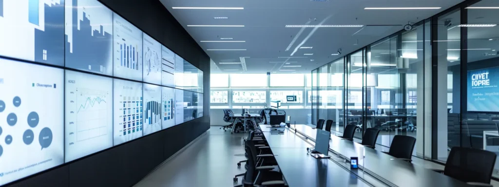 a sleek, modern office space features a large digital screen displaying vibrant visuals of service-specific keywords, emphasizing innovation and clarity in a professional atmosphere.