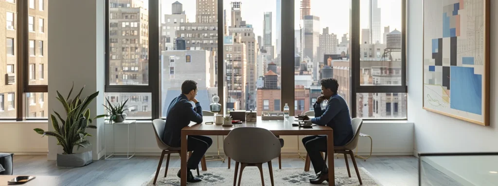 a sleek, modern office space in new york, showcasing a well-dressed consultant discussing a comprehensive moving strategy with a client, surrounded by detailed moving plans and high-end packaging materials, emphasizing professionalism and meticulous service in luxury relocation.