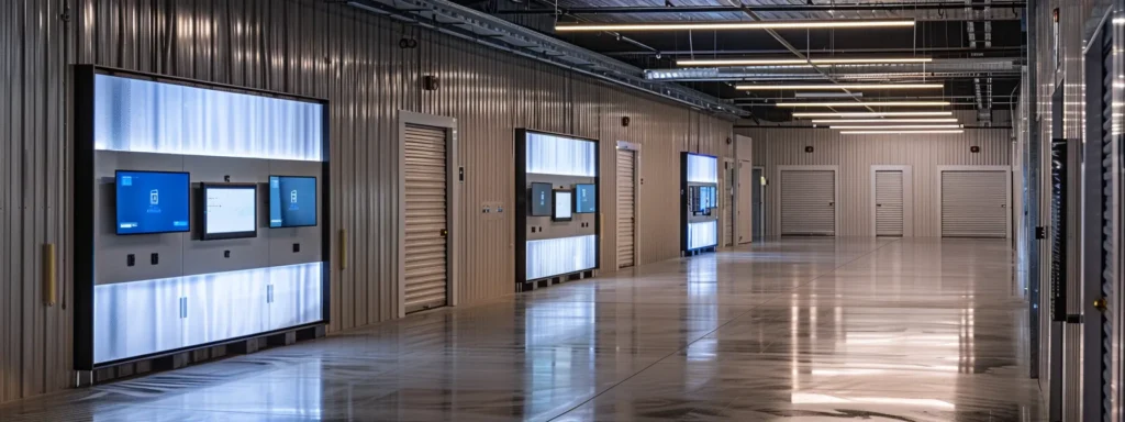 a sleek, modern storage facility in an urban setting, showcasing climate-controlled units and high-tech security features, with digital inventory screens prominently displayed to emphasize advanced storage solutions.