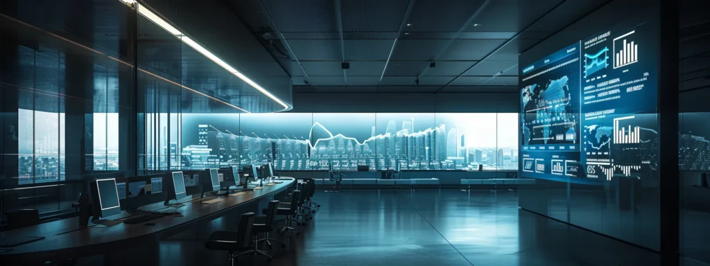 a sleek office environment features a large screen displaying detailed analytics graphs and metrics on keyword performance, with focused professionals analyzing data to refine their digital marketing strategies.