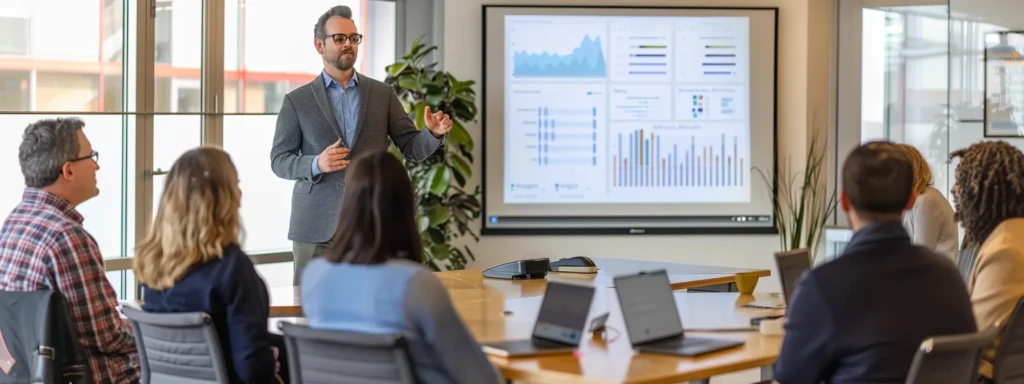 a sleek urban office space showcases a polished conference table surrounded by high-backed chairs, where a group of professionals attentively reviews a detailed presentation on luxury moving costs projected on a large screen, encapsulating the meticulous planning and budgeting involved in premium relocation services.