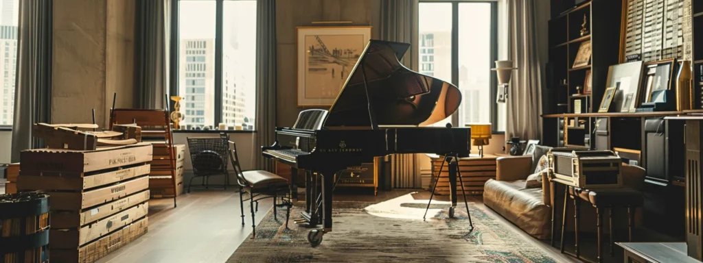a sophisticated urban moving service team expertly navigating a luxurious manhattan apartment, using specialized equipment to securely transport an exquisite grand piano alongside a collection of fine art and vintage wine crates.