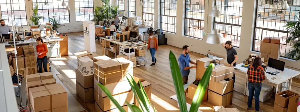 a vibrant, modern office space in ocean township bustling with professionals helping a family unpack boxes and set up their new home, showcasing a seamless post-move support process with storage solutions and friendly guidance.