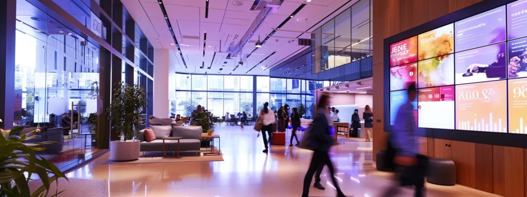 a vibrant, sleek office environment features a digital display showcasing service-specific keywords for seo, with engaging graphics illustrating their impact on online visibility and engagement in a bustling urban setting.