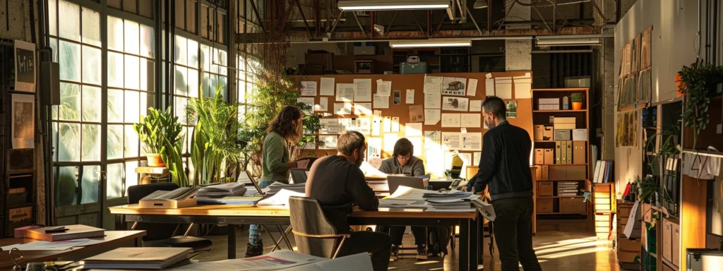 a well-organized, bustling office space showcases a diverse team of professionals collaborating around a large table filled with documents, packing supplies, and checklists, all focused on the detailed planning of a major move.