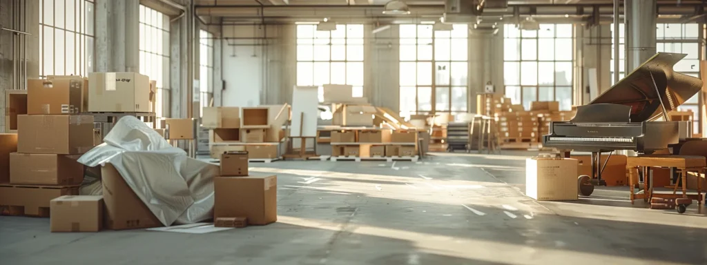a well-organized modern moving company office showcases a team of professionals expertly packing fragile pianos and valuable artwork, surrounded by neatly labeled boxes and furniture in varying stages of disassembly, illuminated by bright, focused overhead lighting.
