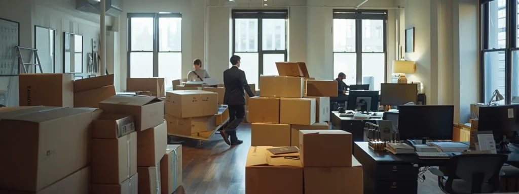 an elegantly organized office space showcases a team of professional movers carefully packing high-end furniture with precision and care, highlighting the meticulous and specialized service offered by white glove movers during a seamless relocation process in new york or new jersey.