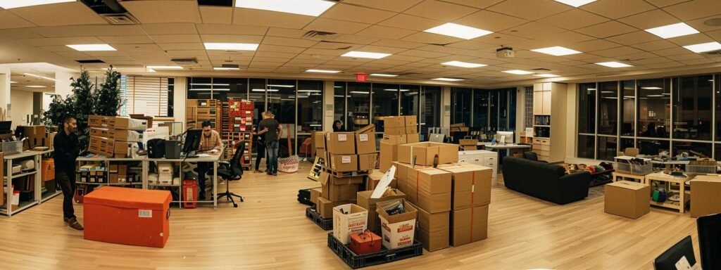 a brightly lit, modern office space showcases a diverse group of professionals animatedly discussing their recent moving experiences, surrounded by personal moving boxes and office supplies.