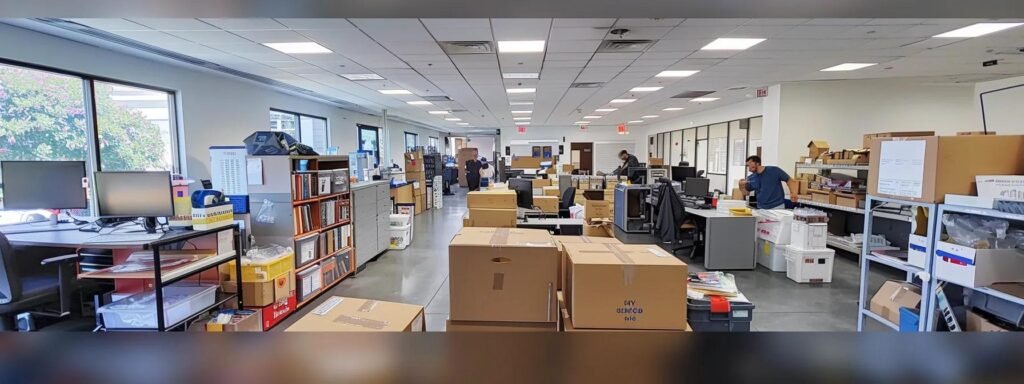 a bustling interstate moving company office showcases a vibrant array of packed boxes and moving carts, with professional staff engaged in route planning and logistics discussions around a large digital map, exuding an atmosphere of organized efficiency and strategic preparation for long-distance relocations.