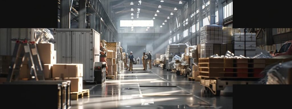 a bustling moving company scene inside a well-organized warehouse, showcasing professionals expertly packing boxes into a sleek moving truck, with clear labeling and a sense of efficiency in their focused expressions.