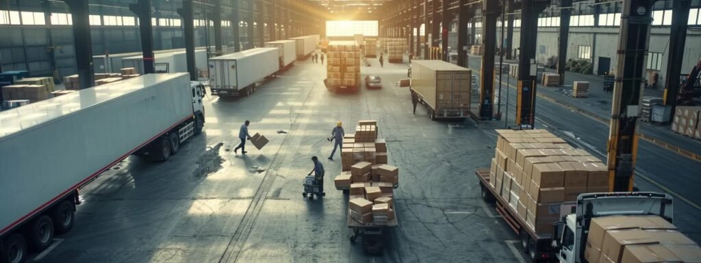 a bustling moving company scene in an urban warehouse setting, showcasing experienced movers efficiently packing premium boxes into a modern truck, symbolizing operational excellence and customer satisfaction in the moving process.