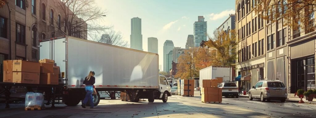 a bustling moving company scene in millstone, nj, showcasing a dynamic team efficiently loading diverse boxes into a large, brightly colored moving truck against a clean, organized urban backdrop.