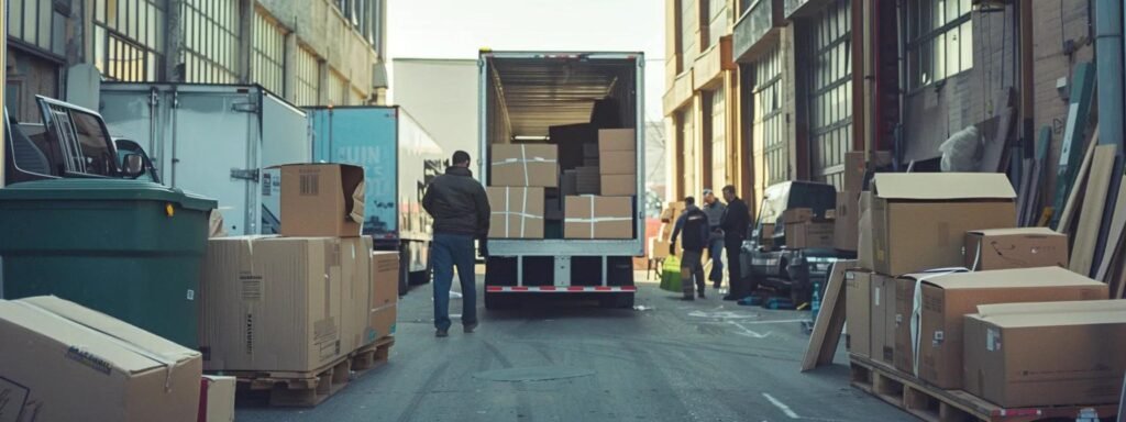 a bustling moving company warehouse in neptune, nj, filled with dynamic activity as professional movers efficiently pack boxes into sleek moving trucks against a backdrop of organized chaos.