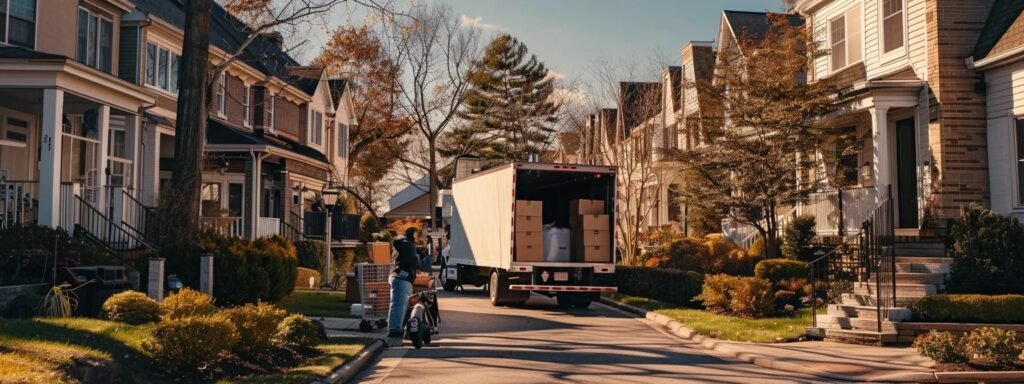 a bustling moving day scene in a well-organized red bank neighborhood, showcasing a team of movers efficiently coordinating the loading of a moving truck with furniture and boxes, set against a backdrop of charming, modern homes.