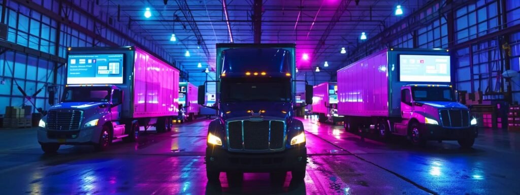 a bustling moving operation unfolds in an urban warehouse, showcasing professionals dynamically packing boxes into sleek moving trucks while digital screens display the enhanced online booking system in the background, symbolizing innovation and community engagement in neptune, nj.