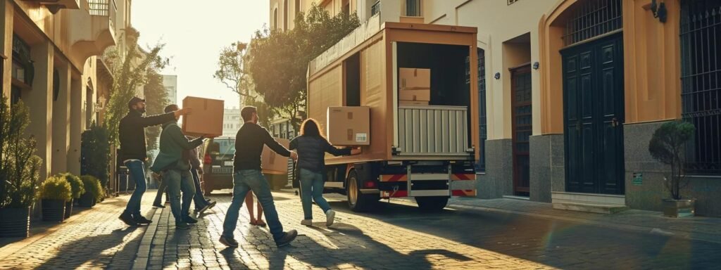 a bustling moving scene in an urban setting, showcasing a diverse team of professionals expertly loading boxes into a modern moving truck, with a clear focus on the careful handling of items, reflecting the seamless and tailored services of next door movers in millstone, nj.