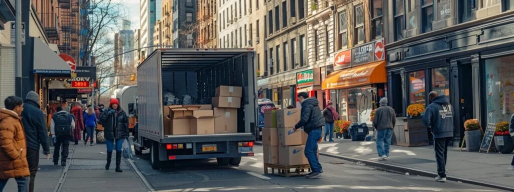 a bustling new york city street scene shows movers efficiently loading boxes into a large moving truck, surrounded by vibrant storefronts and busy pedestrians, as they adhere to strict parking regulations and communicate with local city authorities.