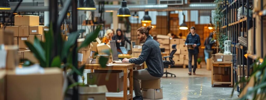 a bustling office environment showcases a team of professionals engaged in a collaborative meeting, surrounded by moving boxes and packing materials, emphasizing the critical role of compliance in shaping operational practices and financial strategies within the moving industry.