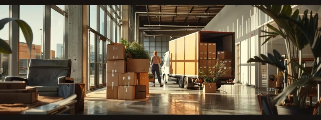 a bustling office relocation scene showcases professional movers diligently packing cardboard boxes into a sleek, climate-controlled truck, with a focus on efficiency and organization in a modern urban setting.