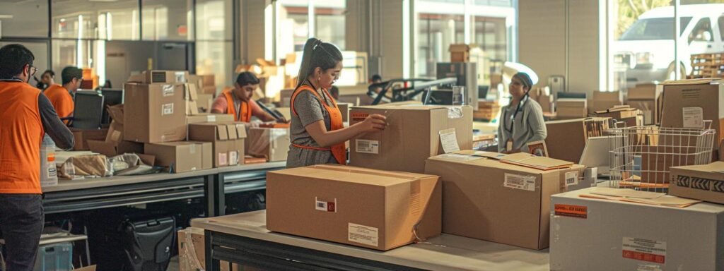 a bustling office setting showcases a diverse team of professionals efficiently packing boxes into a moving truck, with documents and regulations on interstate moving laws prominently displayed on a nearby table.