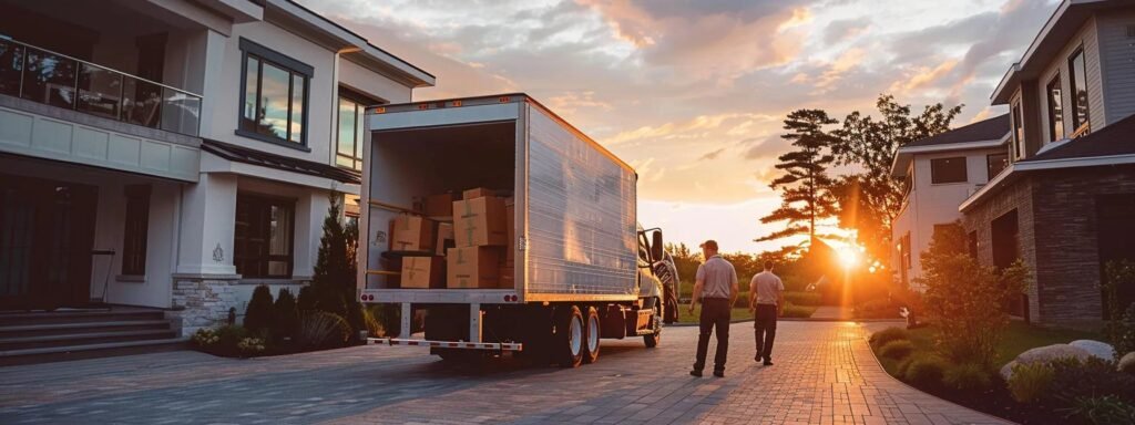 a bustling residential moving scene captures a diverse team of professionals skillfully packing and organizing boxes into a sleek moving truck outside a modern home in manasquan, nj, showcasing their dedication to a seamless relocation experience.