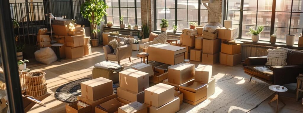 a bustling urban apartment interior showcases a well-organized moving day, featuring neatly packed boxes stacked alongside a ready-to-load moving truck parked outside, with a backdrop of an engaged moving team coordinating logistics.