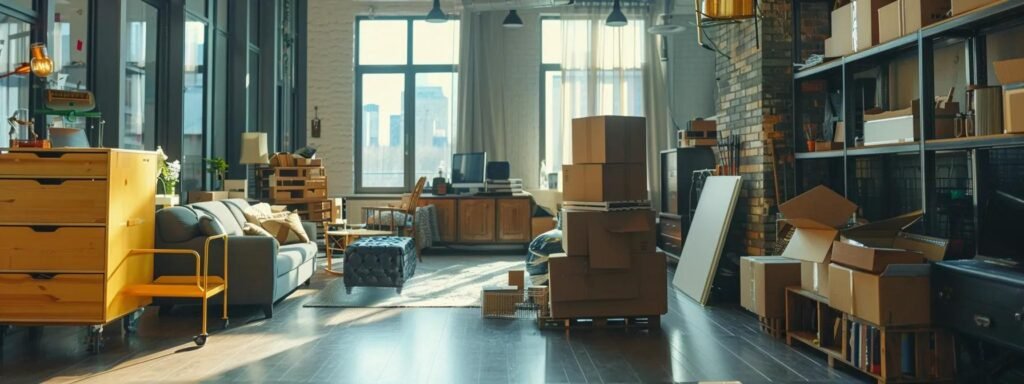 a bustling urban apartment is being efficiently packed by a team of professional movers, highlighting the organized chaos of a smooth transition, with moving carts and neatly labeled boxes in a well-lit, modern interior.