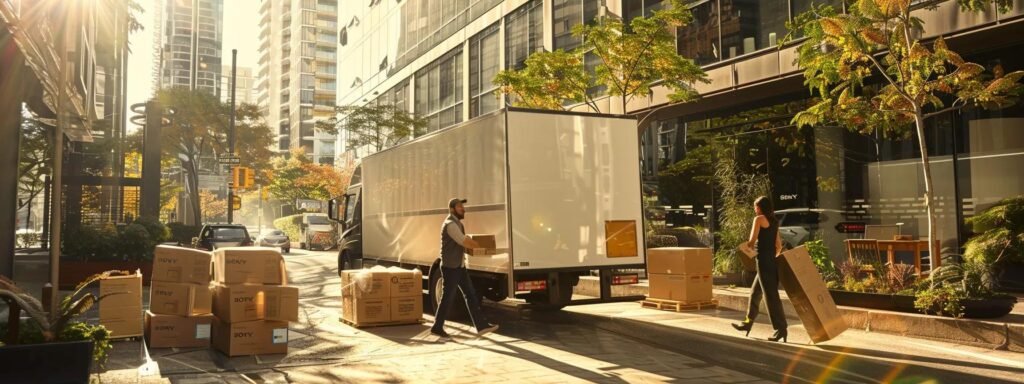 a bustling urban apartment scene captures a small moving company's team efficiently loading neatly packed boxes and furniture into a modern truck against a backdrop of high-rise buildings, showcasing their expertise in local relocations.