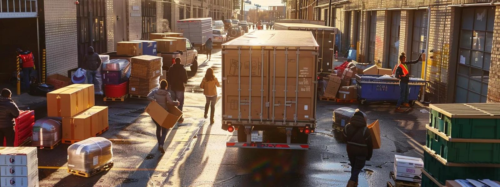 a bustling urban loading dock showcases a diverse group of individuals efficiently packing colorful boxes into a large moving truck, embodying the organized chaos of interstate relocations.